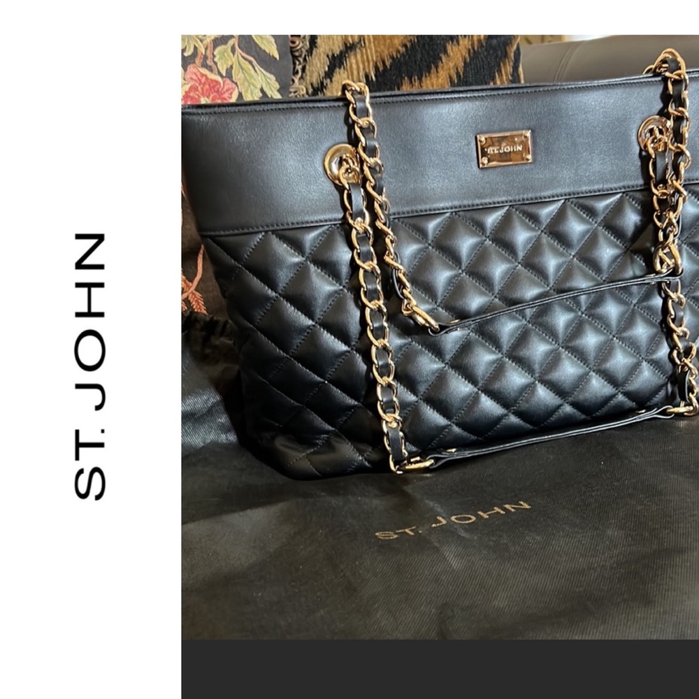 ST JOHN Luxury Chain Link Quilted Leather Black Bag